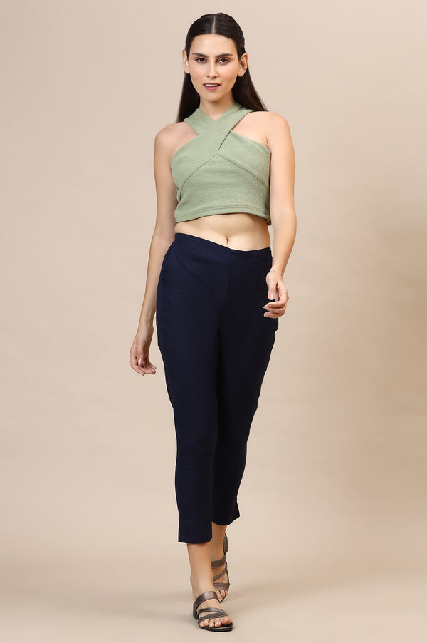 Blue Solid Slim Fit Cotton Trousers With Elasticated Waist