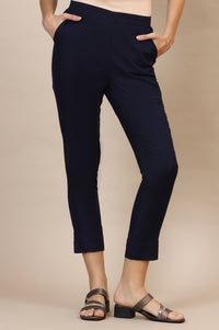 Blue Solid Slim Fit Cotton Flax Trousers