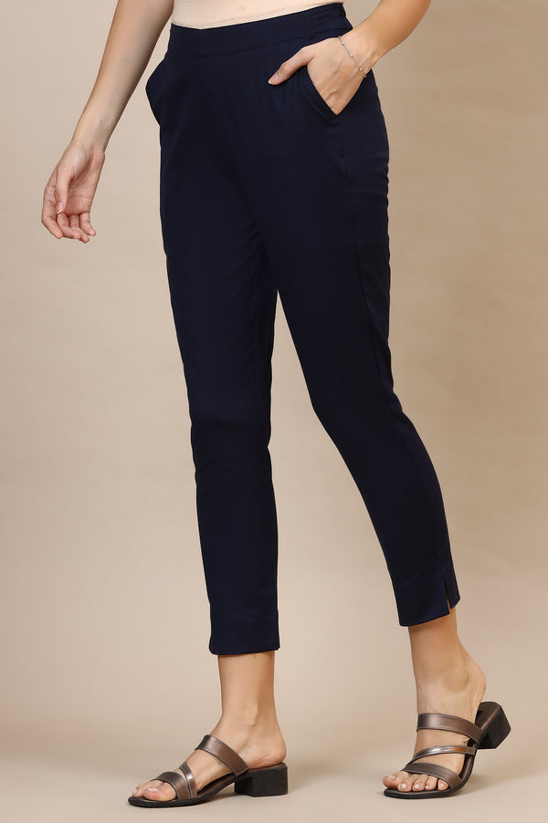 Blue Solid Slim Fit Cotton Trousers With Elasticated Waist