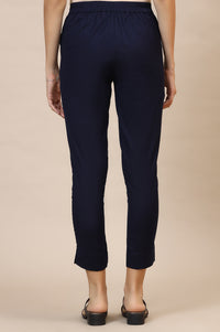 Blue Solid Slim Fit Cotton Flax Trousers