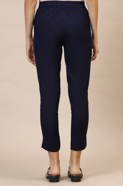 Blue Solid Slim Fit Cotton Flax Trousers
