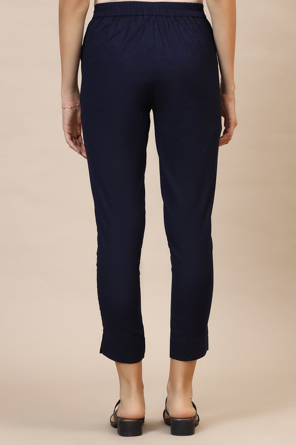 Blue Solid Slim Fit Cotton Flax Trousers