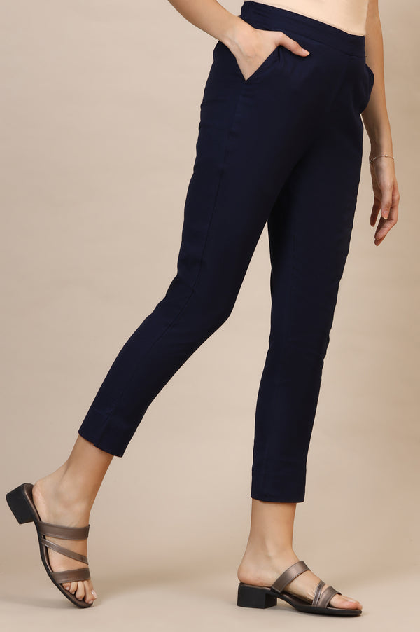 Blue Solid Slim Fit Cotton Trousers With Elasticated Waist