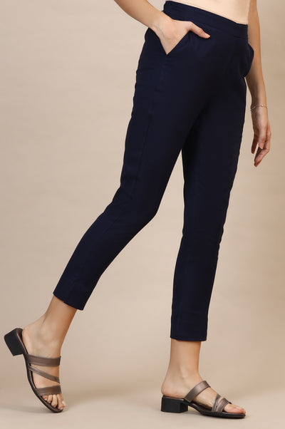 Blue Solid Slim Fit Cotton Flax Trousers