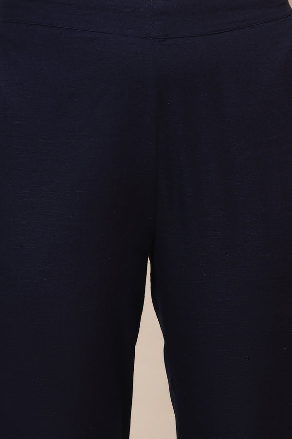 Blue Solid Slim Fit Cotton Flax Trousers