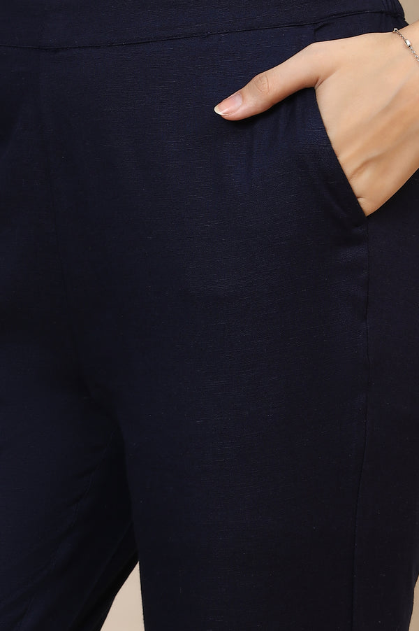 Blue Solid Slim Fit Cotton Trousers With Elasticated Waist