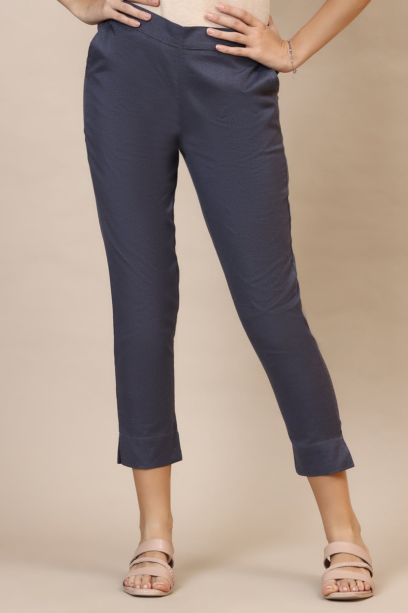 Grey Solid Slim Fit Cotton Flax Trousers
