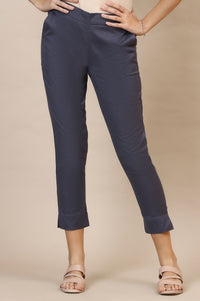 Grey Solid Slim Fit Cotton Flax Trousers