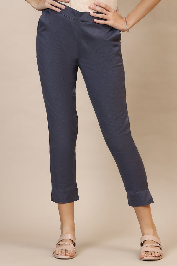 Elleven Women's Grey Solid Slim Fit Cotton Trousers With Elasticated Waist