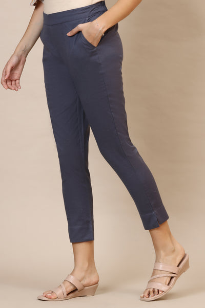 Grey Solid Slim Fit Cotton Flax Trousers