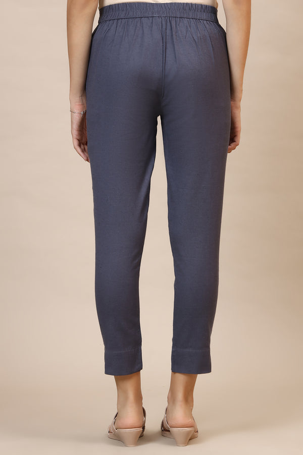 Elleven Women's Grey Solid Slim Fit Cotton Trousers With Elasticated Waist