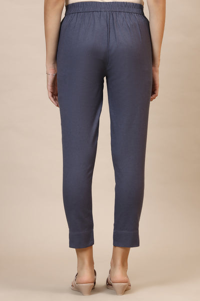 Grey Solid Slim Fit Cotton Flax Trousers