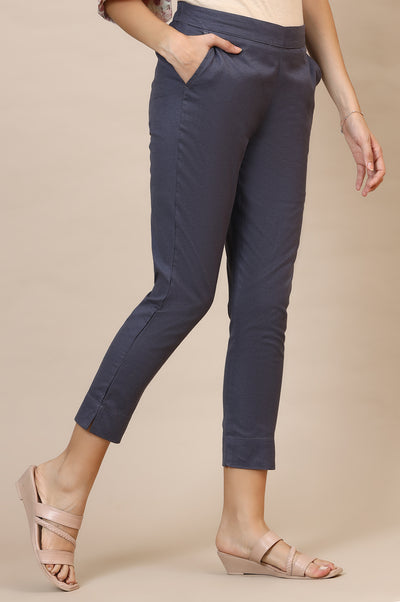 Grey Solid Slim Fit Cotton Flax Trousers