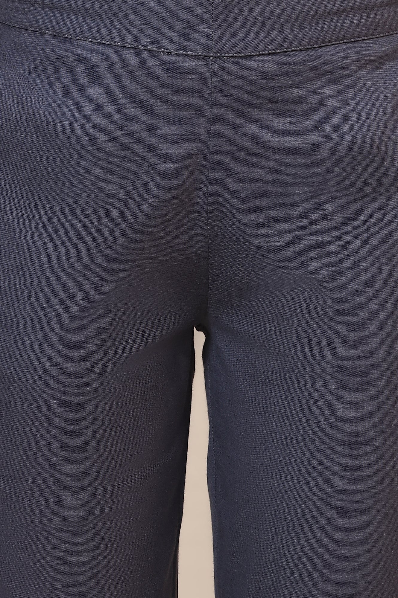 Grey Solid Slim Fit Cotton Flax Trousers