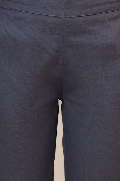 Grey Solid Slim Fit Cotton Flax Trousers