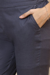 Grey Solid Slim Fit Cotton Flax Trousers