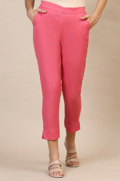 Pink Solid Straight Cotton Flax Trousers