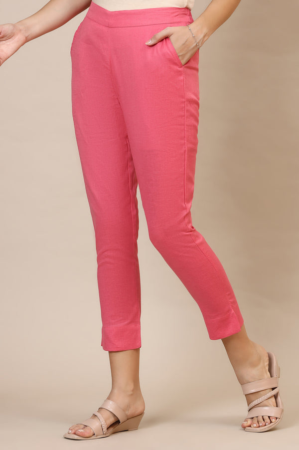 Pink Solid Straight Cotton Flax Trousers