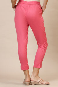 Pink Solid Straight Cotton Flax Trousers