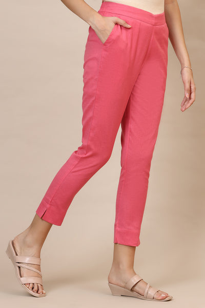 Pink Solid Straight Cotton Flax Trousers