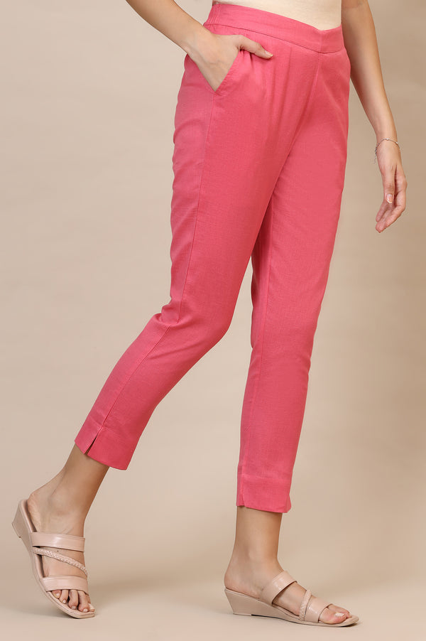 Pink Solid Straight Cotton Flax Trousers
