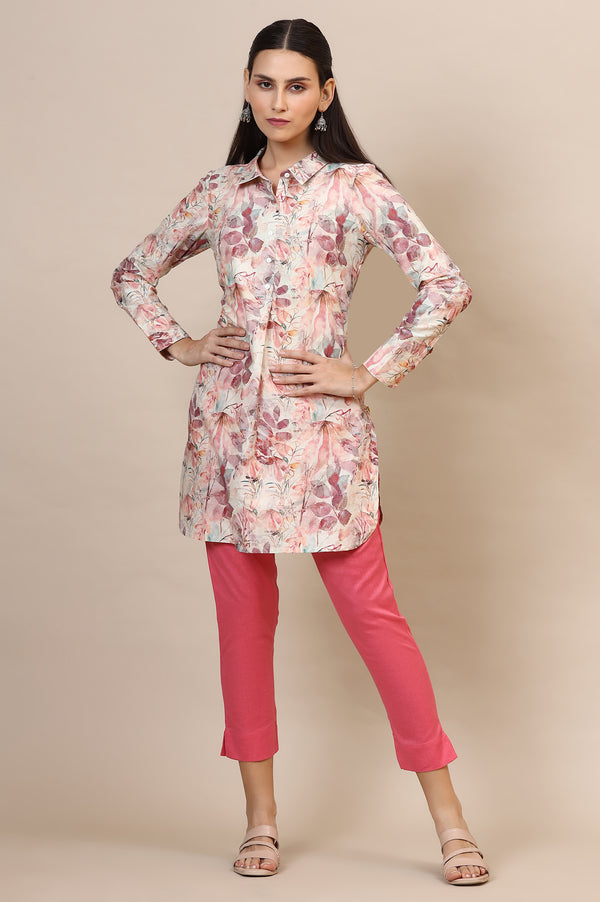 Pink Solid Straight Cotton Flax Trousers
