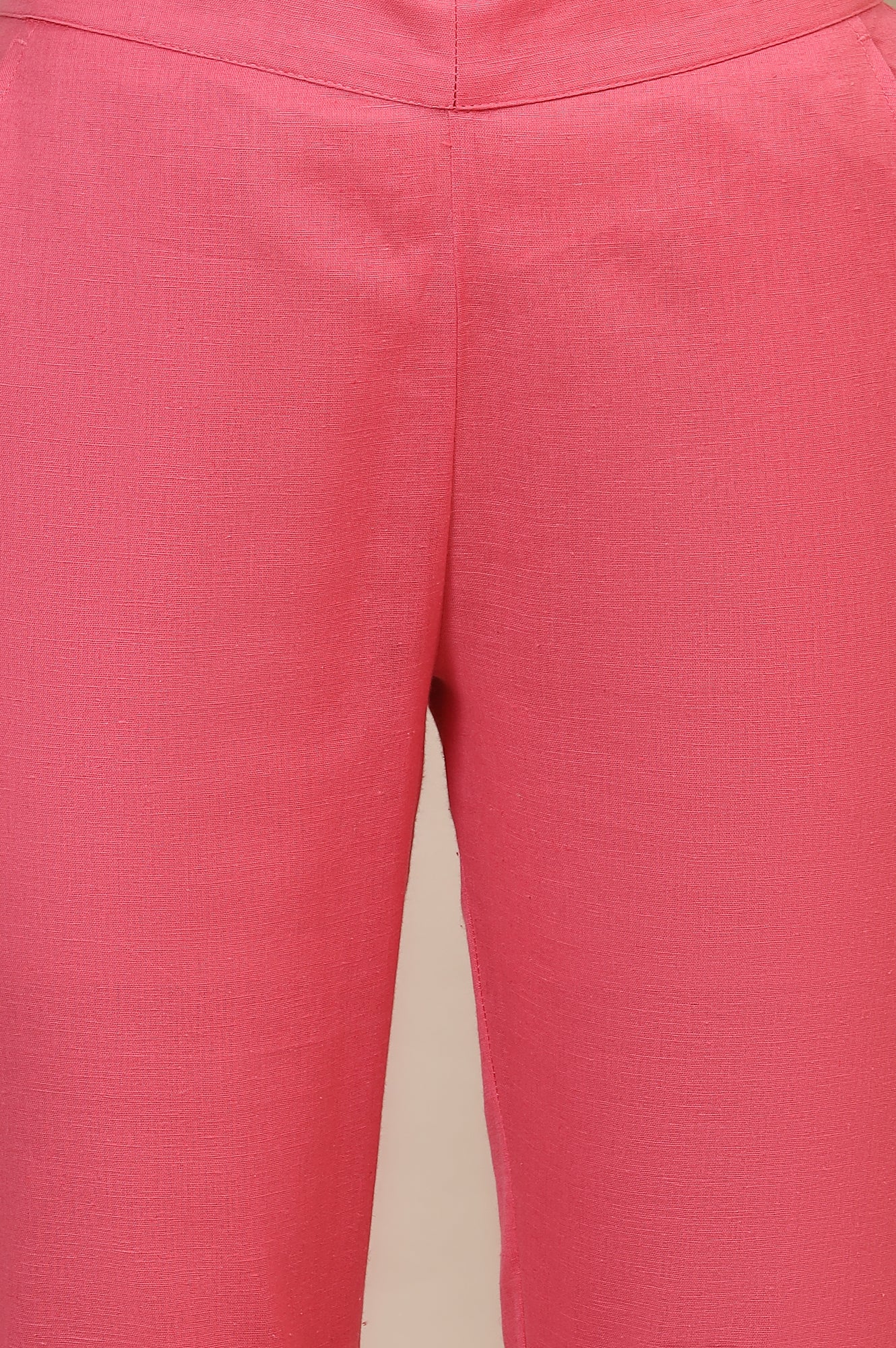 Pink Solid Straight Cotton Flax Trousers