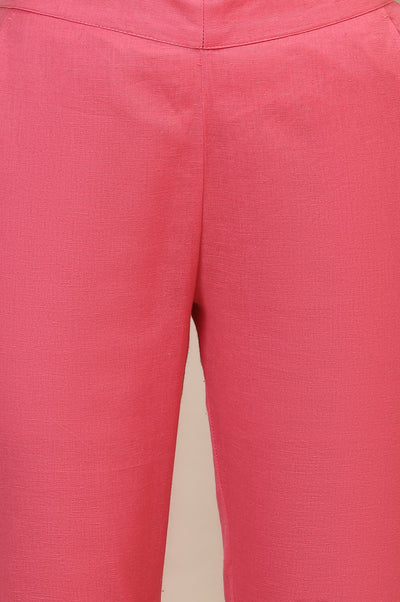 Pink Solid Straight Cotton Flax Trousers