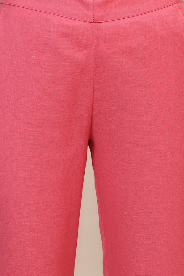 Pink Solid Straight Cotton Flax Trousers