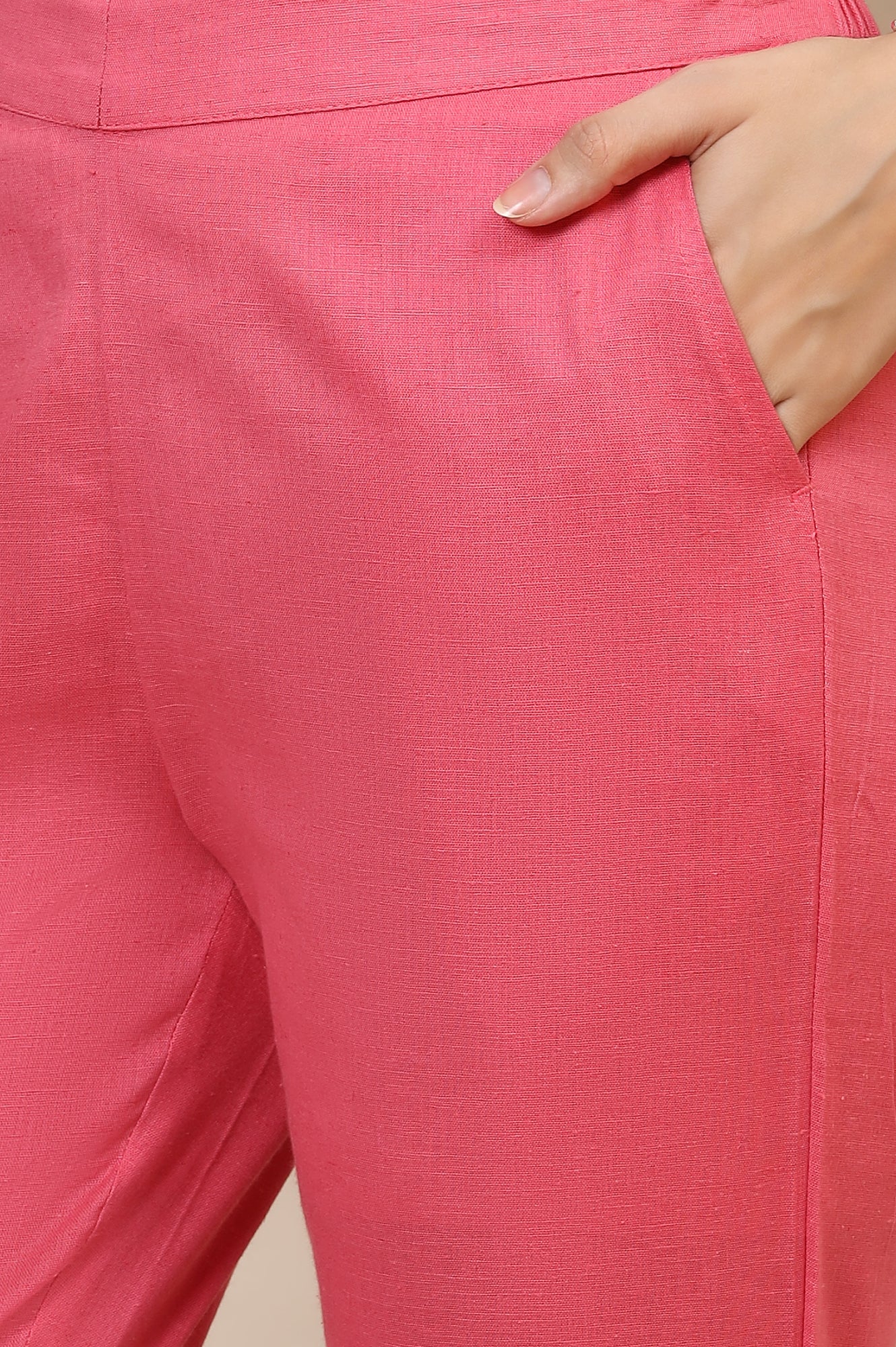 Pink Solid Straight Cotton Flax Trousers