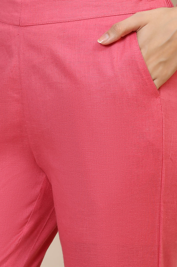 Elleven Women's Pink Solid Straight Fit Cotton Trousers With Elasticated Waist