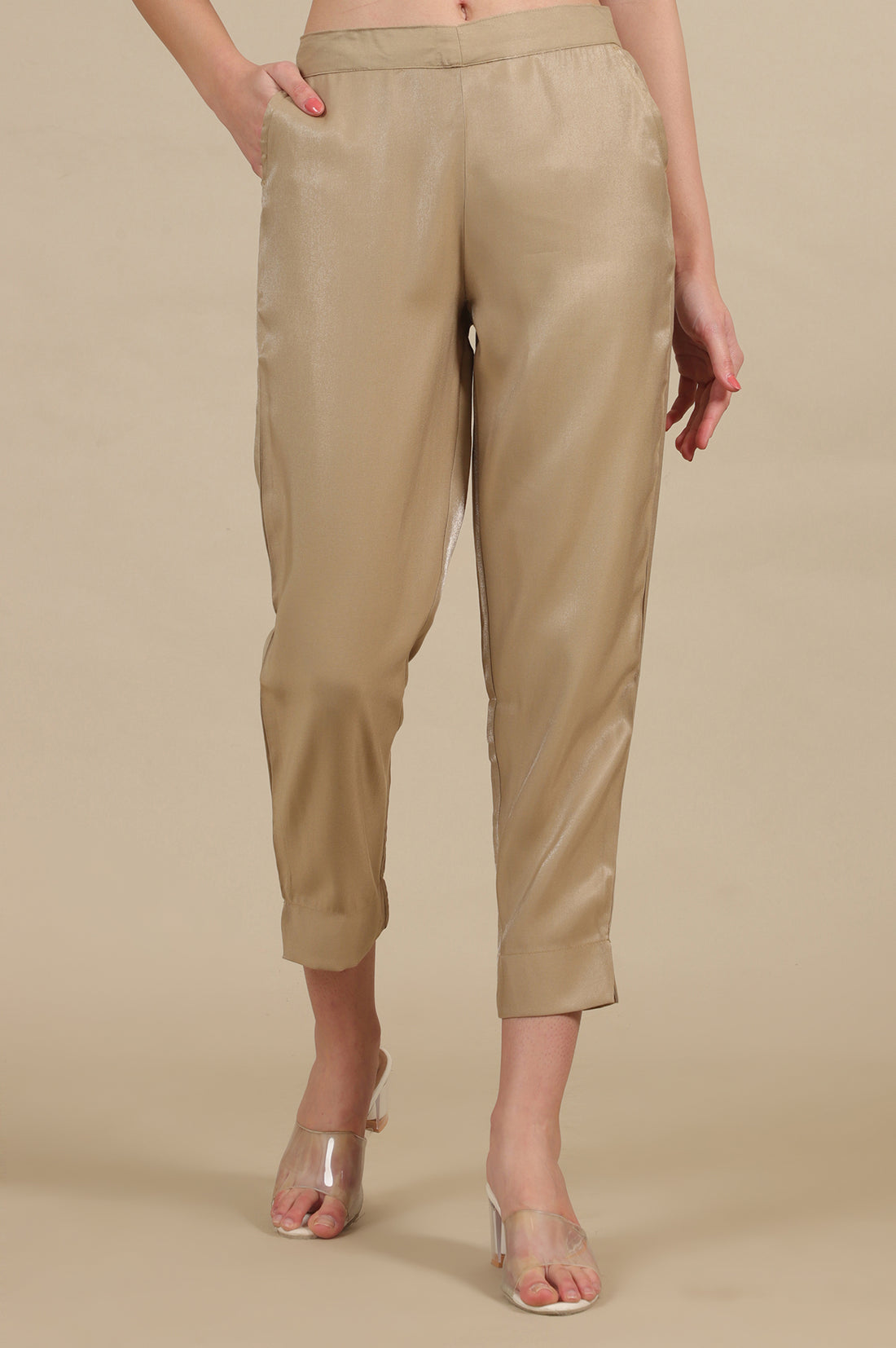 Buy Gold Solid Straight Fit Trousers With Elasticated Waist Online