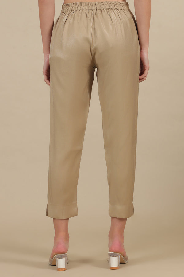 Elleven Women's Gold Solid Straight Fit Trousers With Elasticated Waist