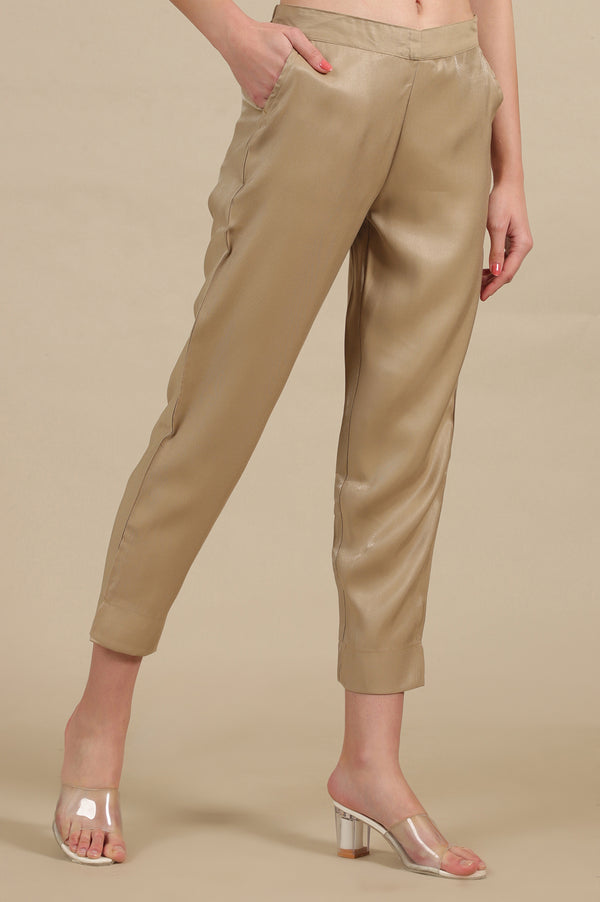Elleven Women's Gold Solid Straight Fit Trousers With Elasticated Waist