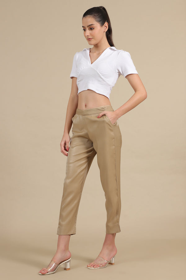 Elleven Women's Gold Solid Straight Fit Trousers With Elasticated Waist