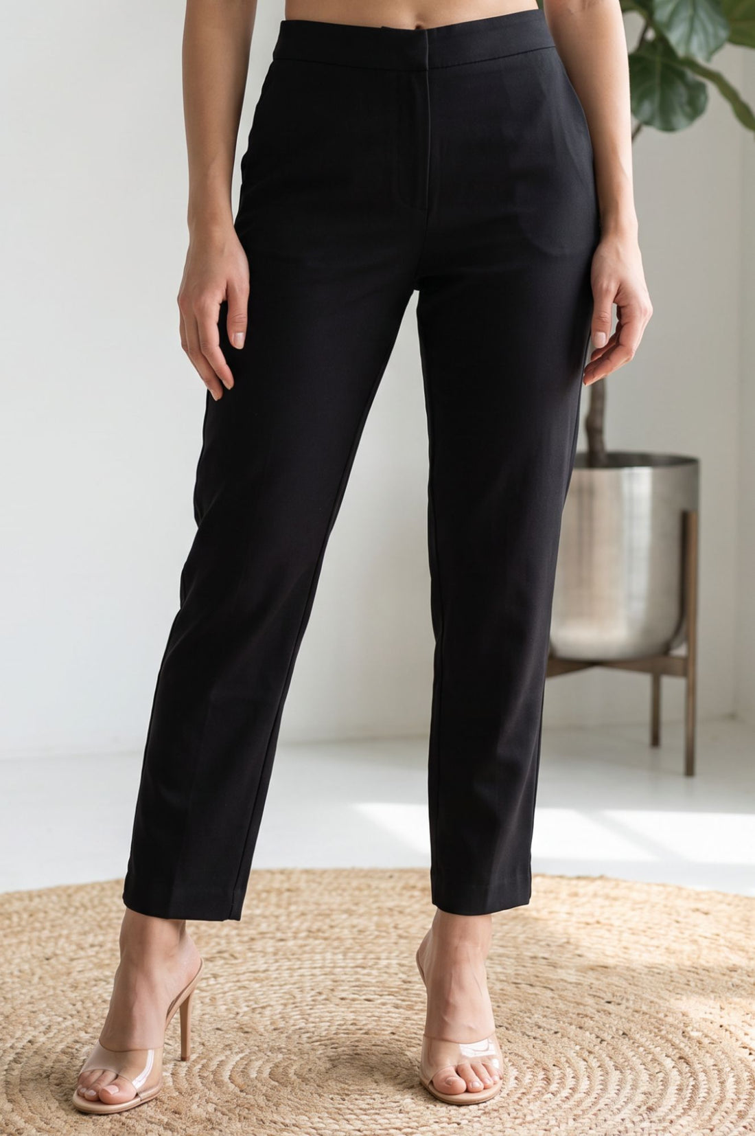 Black Solid Slim Fit Ankle Length Dress Trousers