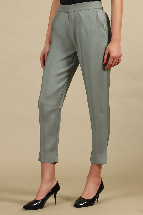 Elleven Women's Grey Solid Straight Fit Trousers With Elasticated Waist