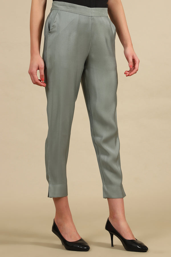 Elleven Women's Grey Solid Straight Fit Trousers With Elasticated Waist