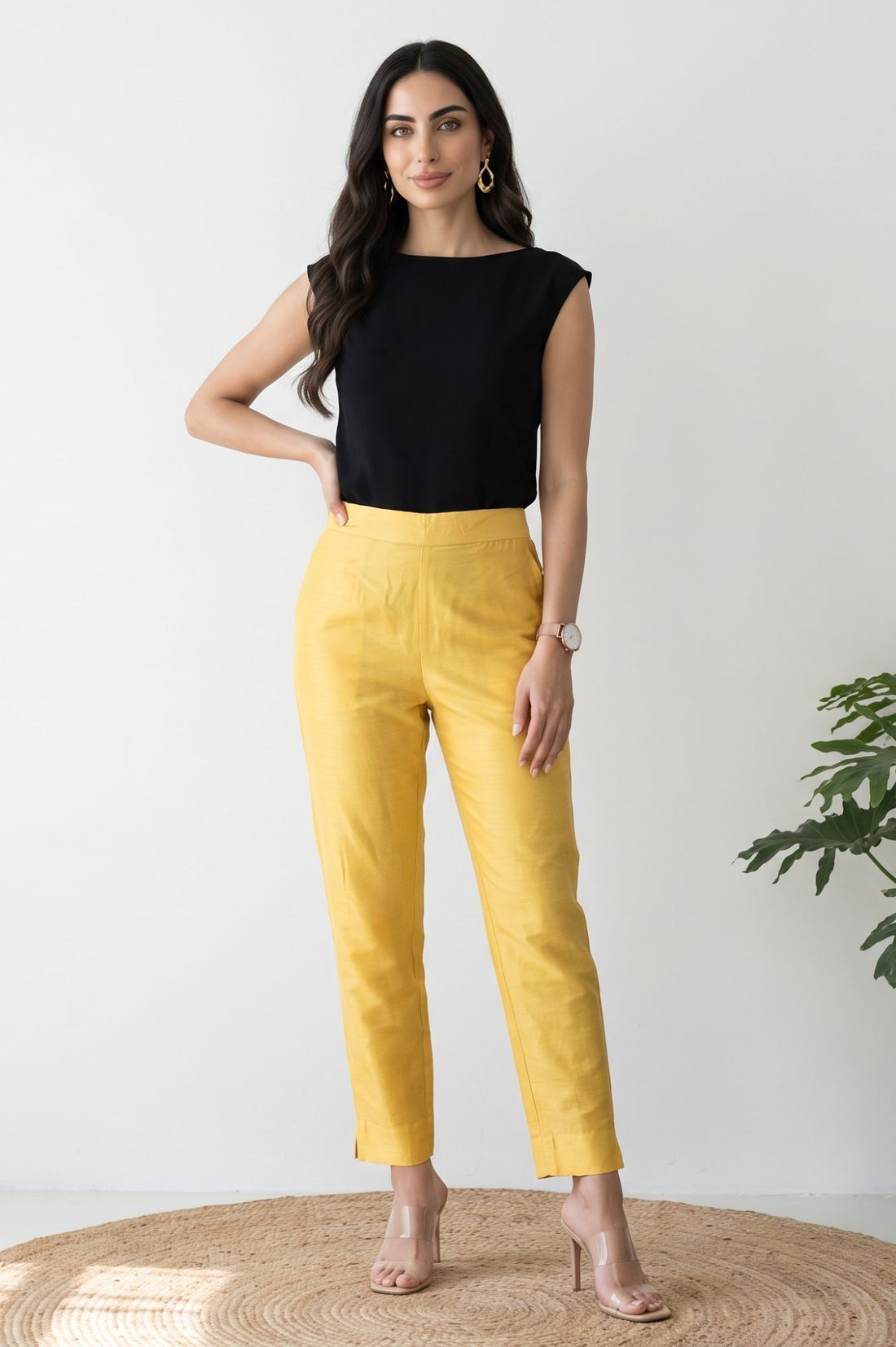 Yellow Solid Slim Fit Ankle Length Dress Trousers