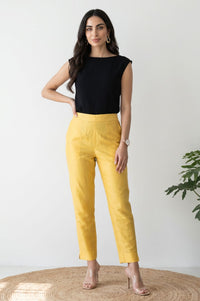 Yellow Solid Slim Fit Ankle Length Dress Trousers