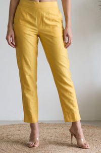 Yellow Solid Slim Fit Ankle Length Dress Trousers