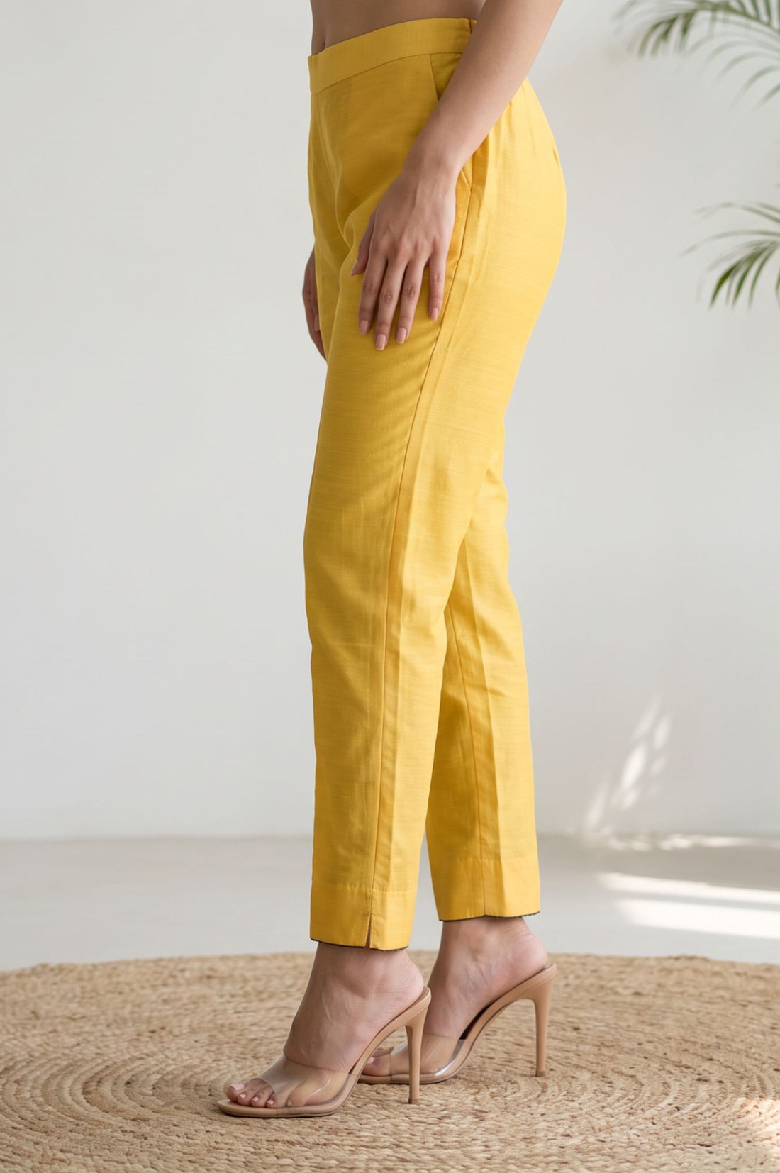 Yellow Solid Slim Fit Ankle Length Dress Trousers