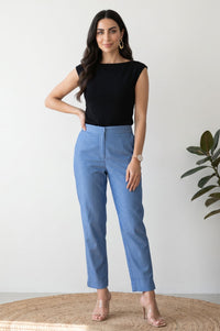 Blue Solid Slim Fit Ankle Length Lyocell Dress Trousers