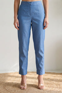 Blue Solid Slim Fit Ankle Length Lyocell Dress Trousers