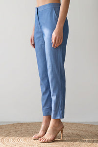 Blue Solid Slim Fit Ankle Length Lyocell Dress Trousers
