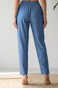Blue Solid Slim Fit Ankle Length Lyocell Dress Trousers