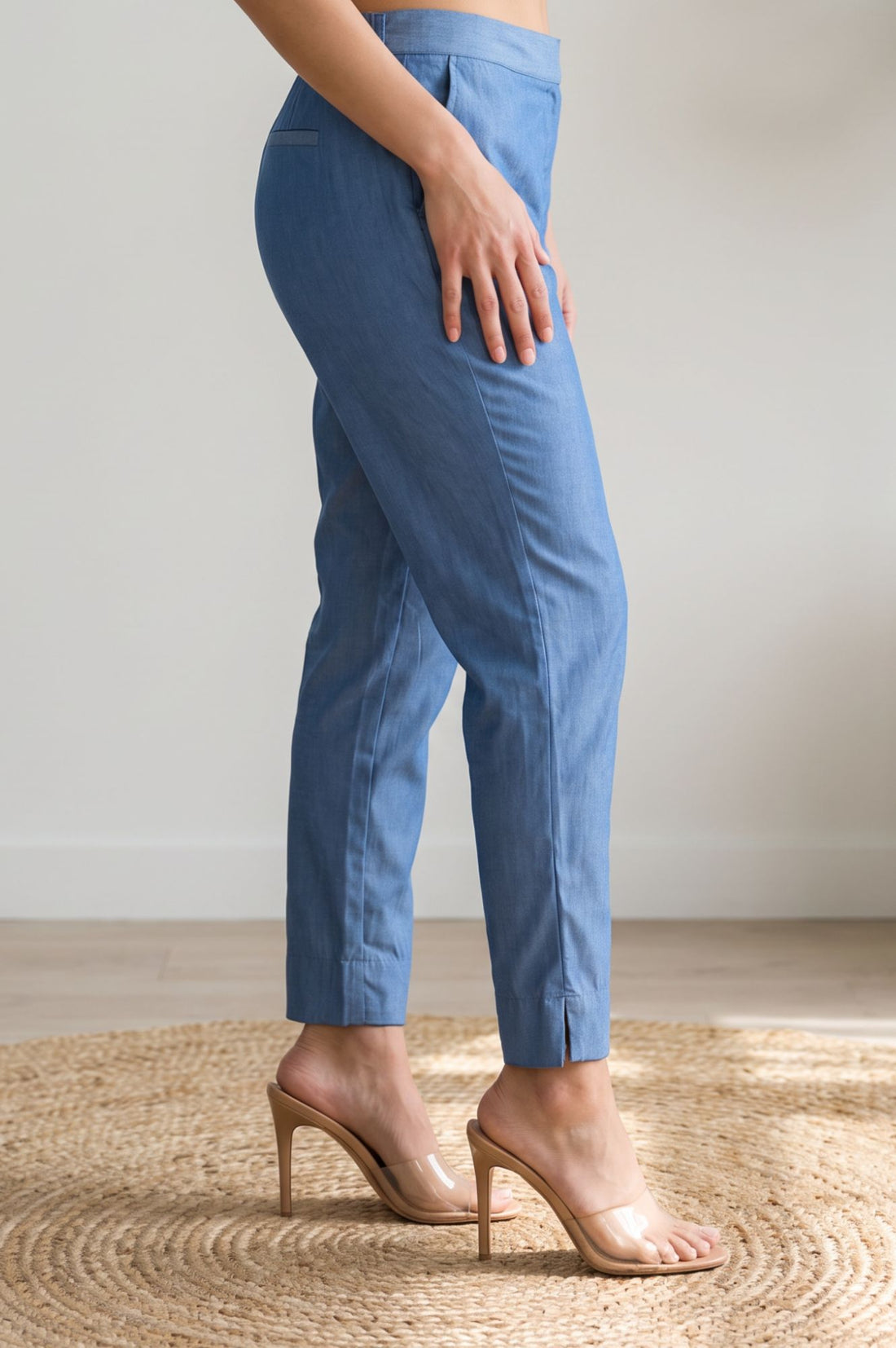 Blue Solid Slim Fit Ankle Length Lyocell Dress Trousers