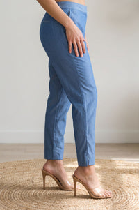 Blue Solid Slim Fit Ankle Length Lyocell Dress Trousers