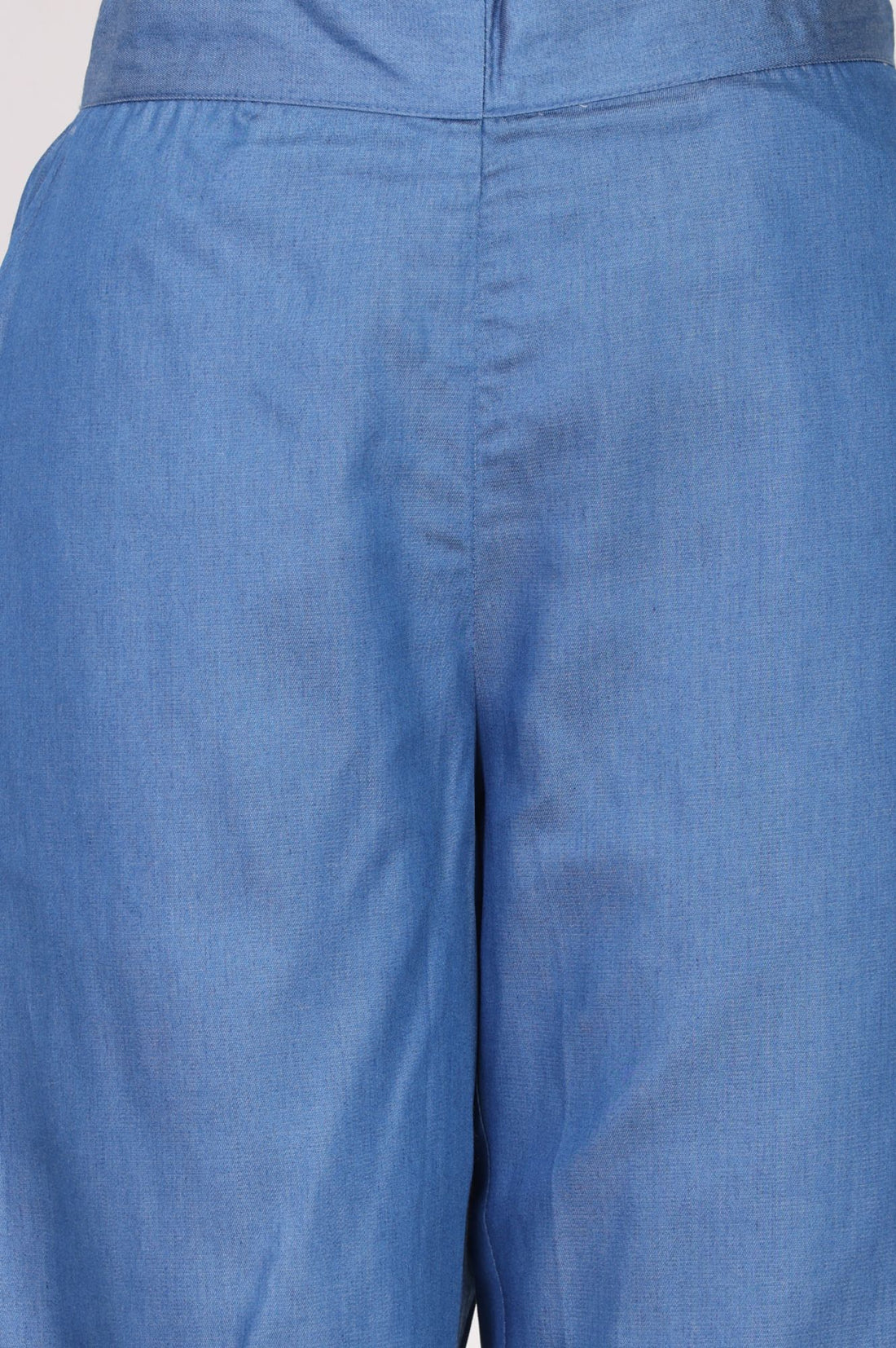 Blue Solid Slim Fit Ankle Length Lyocell Dress Trousers