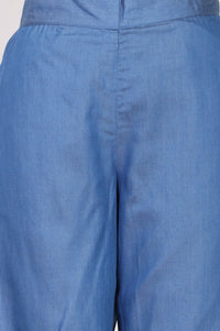 Blue Solid Slim Fit Ankle Length Lyocell Dress Trousers